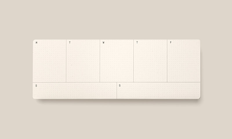 A minimalist, undated weekly planner with columns labeled M, T, W, T, F, S, S on a beige background. The planner has dotted lines and is blank, ready for writing.