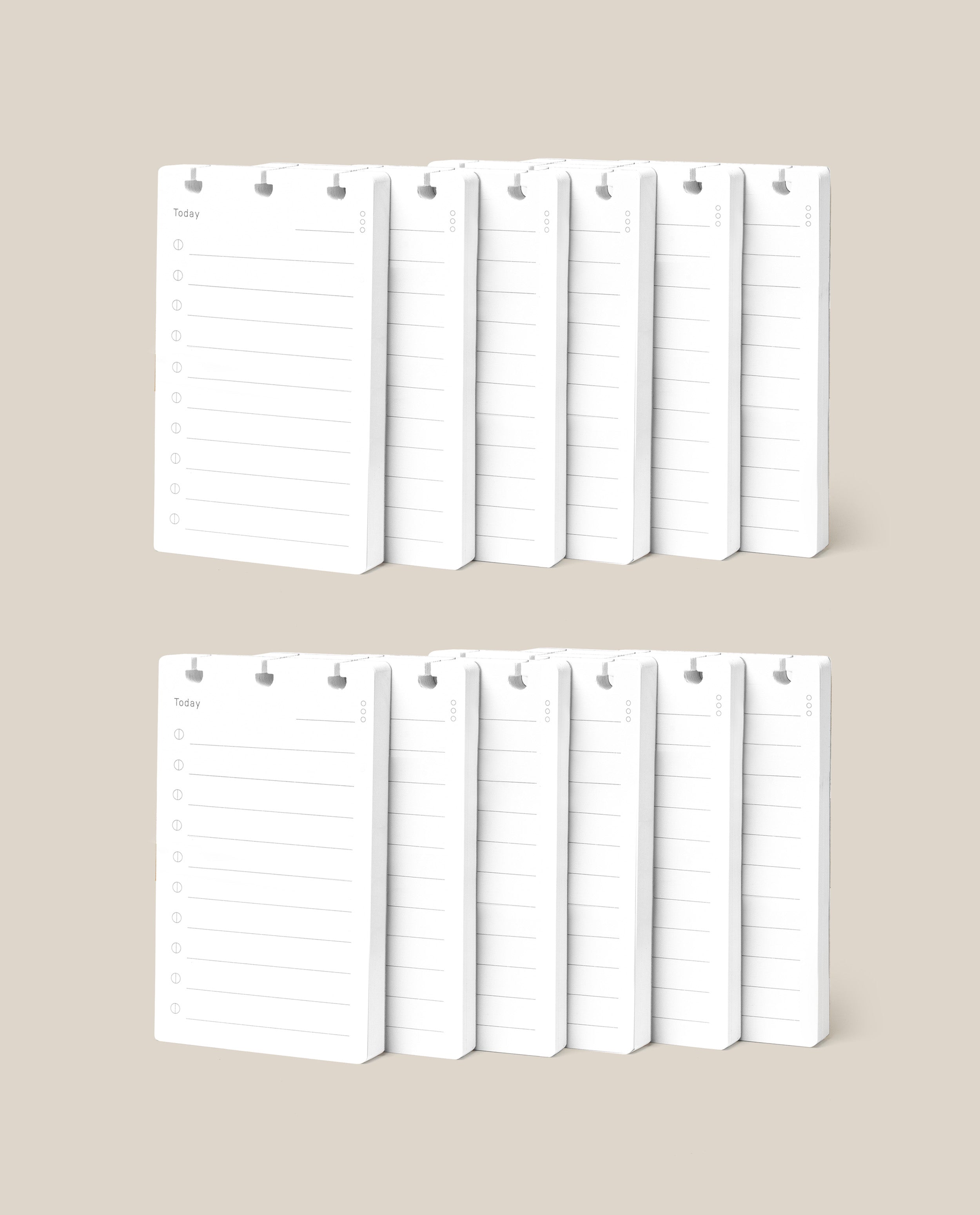 Two rows of white Discbound Analog Refill (12-pack) notepads with checklist designs and checkboxes are neatly arranged against a beige background—ideal for use with Analog Cards or as refills for your Discbound Analog system.
