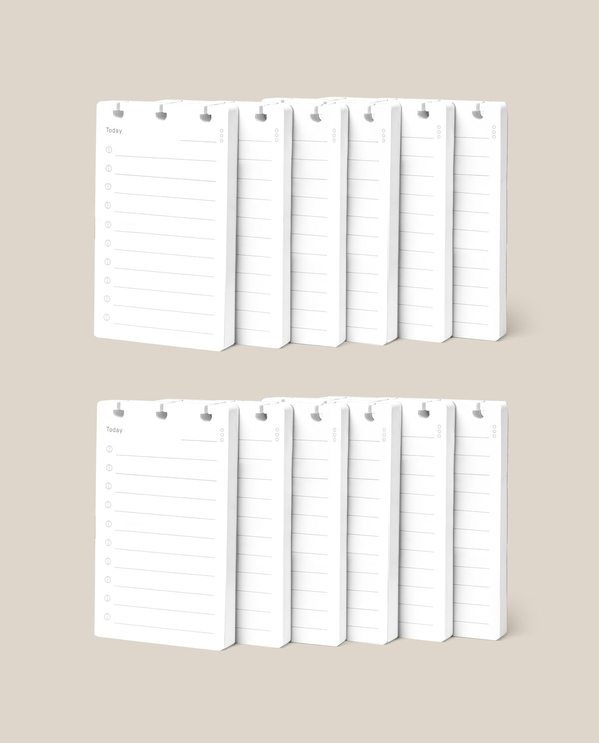 Two rows of white Discbound Analog Refill (12-pack) notepads with checklist designs and checkboxes are neatly arranged against a beige background—ideal for use with Analog Cards or as refills for your Discbound Analog system.