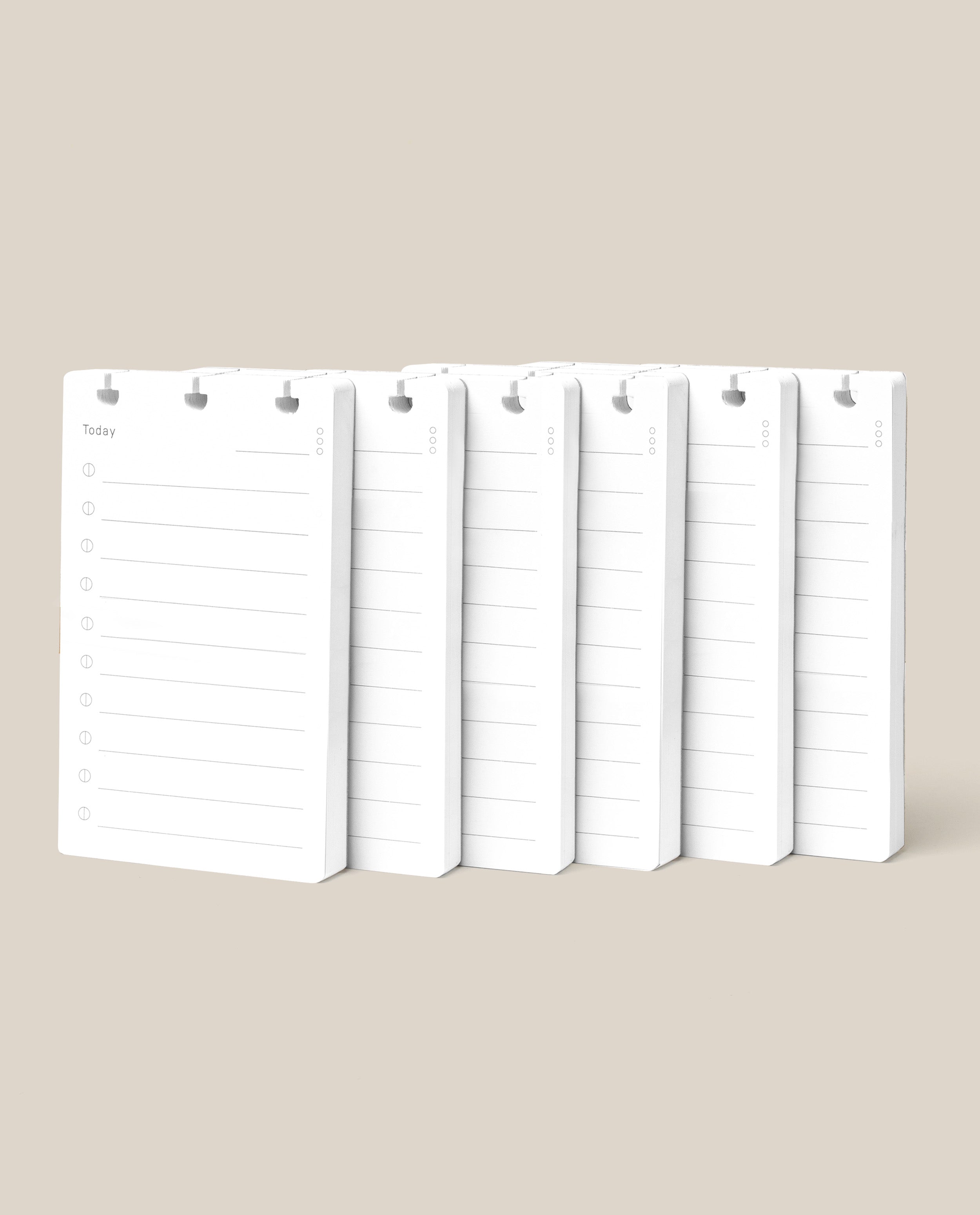 Six Discbound Analog Refill notepads (6-pack) stand upright against a light beige background. Each has lines, checkboxes for tasks, and “Today” at the top—perfect for daily planning or as refills.