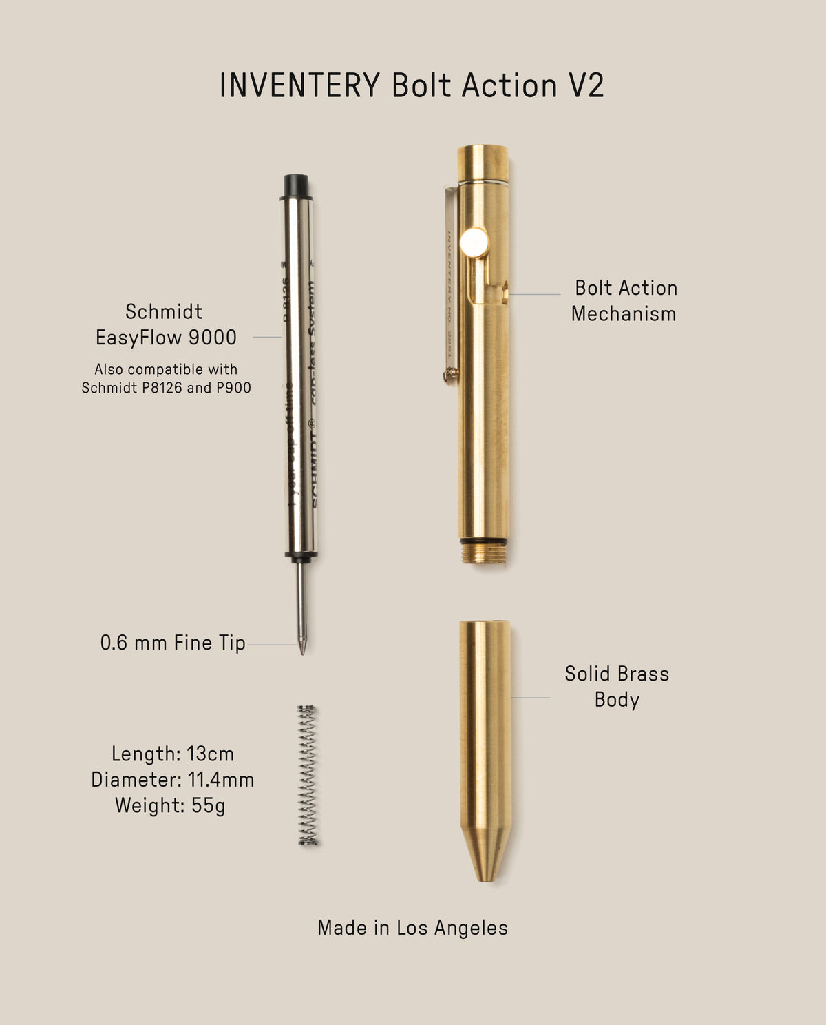 Labeled diagram of the INVENTERY Bolt Action Pen (Brass), showing disassembled parts: refill, bolt action mechanism, solid brass body with Cerakote coating, and spring. Includes details on refill compatibility, tip size, and pen dimensions.
