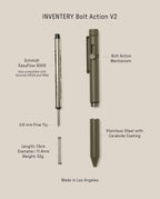 Diagram of the INVENTERY Bolt Action Pen (Olive Green) showing its parts: Schmidt EasyFlow 9000 refill, bolt action mechanism, steel body with Cerakote coating, 0.6 mm fine tip, spring, plus pen dimensions and weight.