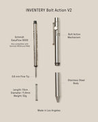 A diagram displays the INVENTERY Bolt Action Pen (Stainless), highlighting its Schmidt EasyFlow 9000 refill, bolt action mechanism, stainless steel body, spring, plus dimensions and weight.