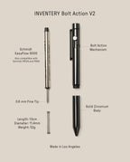 The INVENTERY Bolt Action Pen (Zirconium) disassembled, labeled with Schmidt EasyFlow 9000 refill, bolt action mechanism, machined zirconium body, 0.6mm fine tip, spring; measures 13 cm long, 11.4 mm diameter, and weighs 52g.