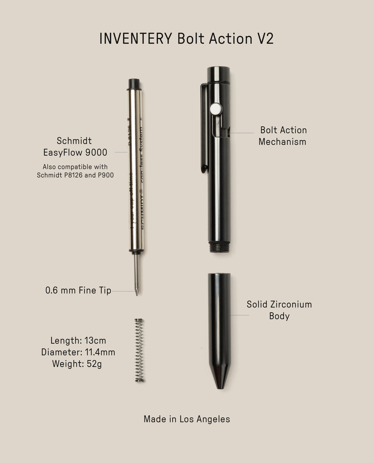 The INVENTERY Bolt Action Pen (Zirconium) disassembled, labeled with Schmidt EasyFlow 9000 refill, bolt action mechanism, machined zirconium body, 0.6mm fine tip, spring; measures 13 cm long, 11.4 mm diameter, and weighs 52g.