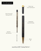 Exploded view of The Ugmonk Pen with Black Gel Pen Refill, showing labeled parts: brass cap, twist mechanism, 0.5mm black gel refill, ceramic ball bearing, spring, hexagonal aluminum body, and brass tip.