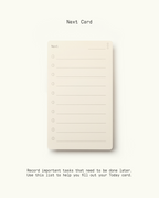 The Analog Premium Starter Kit (Walnut) includes a blank notecard titled Next with numbered lines for tasks. "Next Card" appears above, and instructions below explain its use as a task organizer to help you efficiently fill out your Today card.