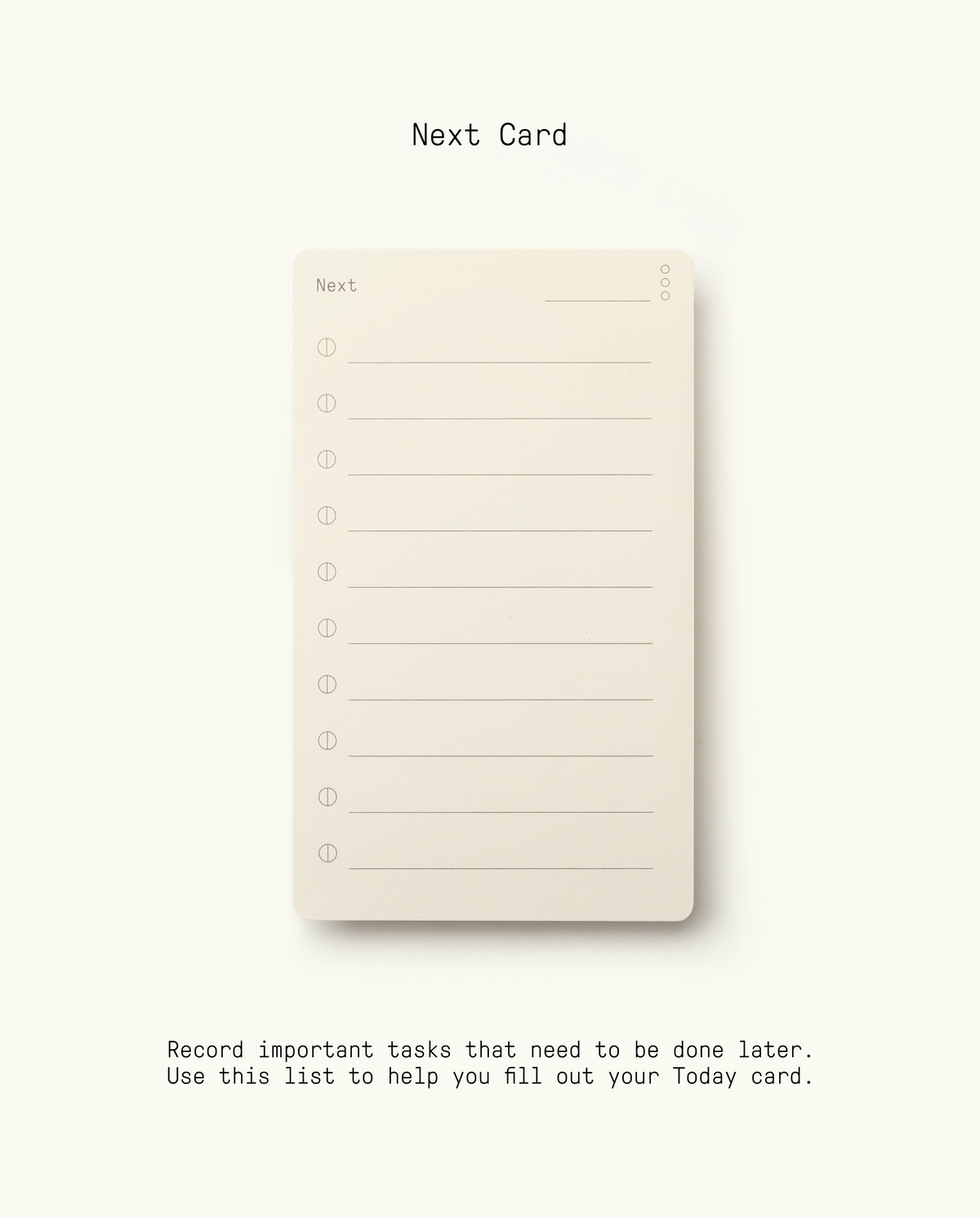 The Analog Premium Starter Kit (Walnut) includes a blank notecard titled Next with numbered lines for tasks. "Next Card" appears above, and instructions below explain its use as a task organizer to help you efficiently fill out your Today card.