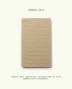 A brown notecard labeled “Someday” with numbered lines, part of the Analog Premium Starter Kit (Walnut). Ideal for capturing ideas, aspirations, and goals to achieve someday in your productivity system or card holder.
