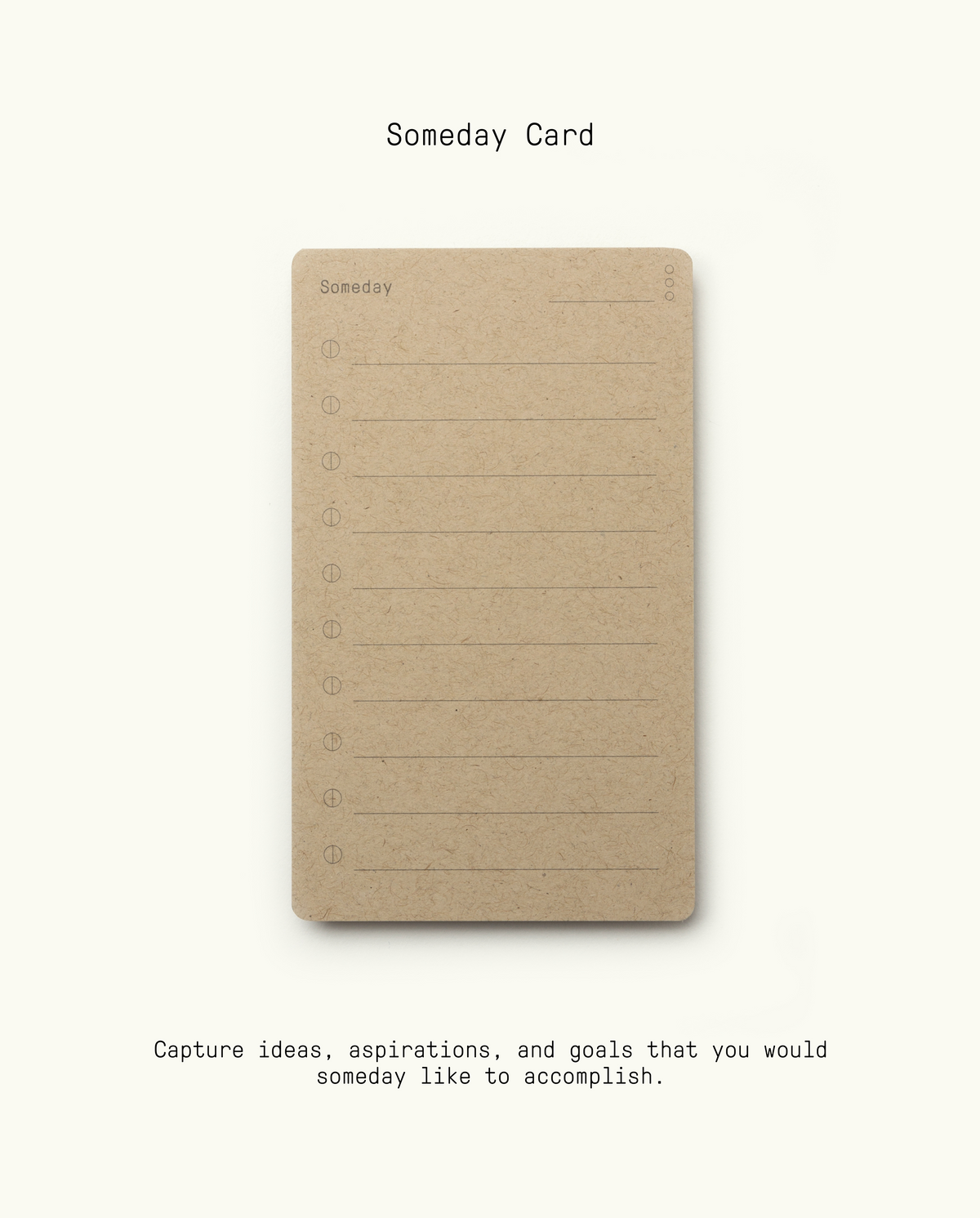A brown notecard labeled “Someday” with numbered lines, part of the Analog Premium Starter Kit (Walnut). Ideal for capturing ideas, aspirations, and goals to achieve someday in your productivity system or card holder.