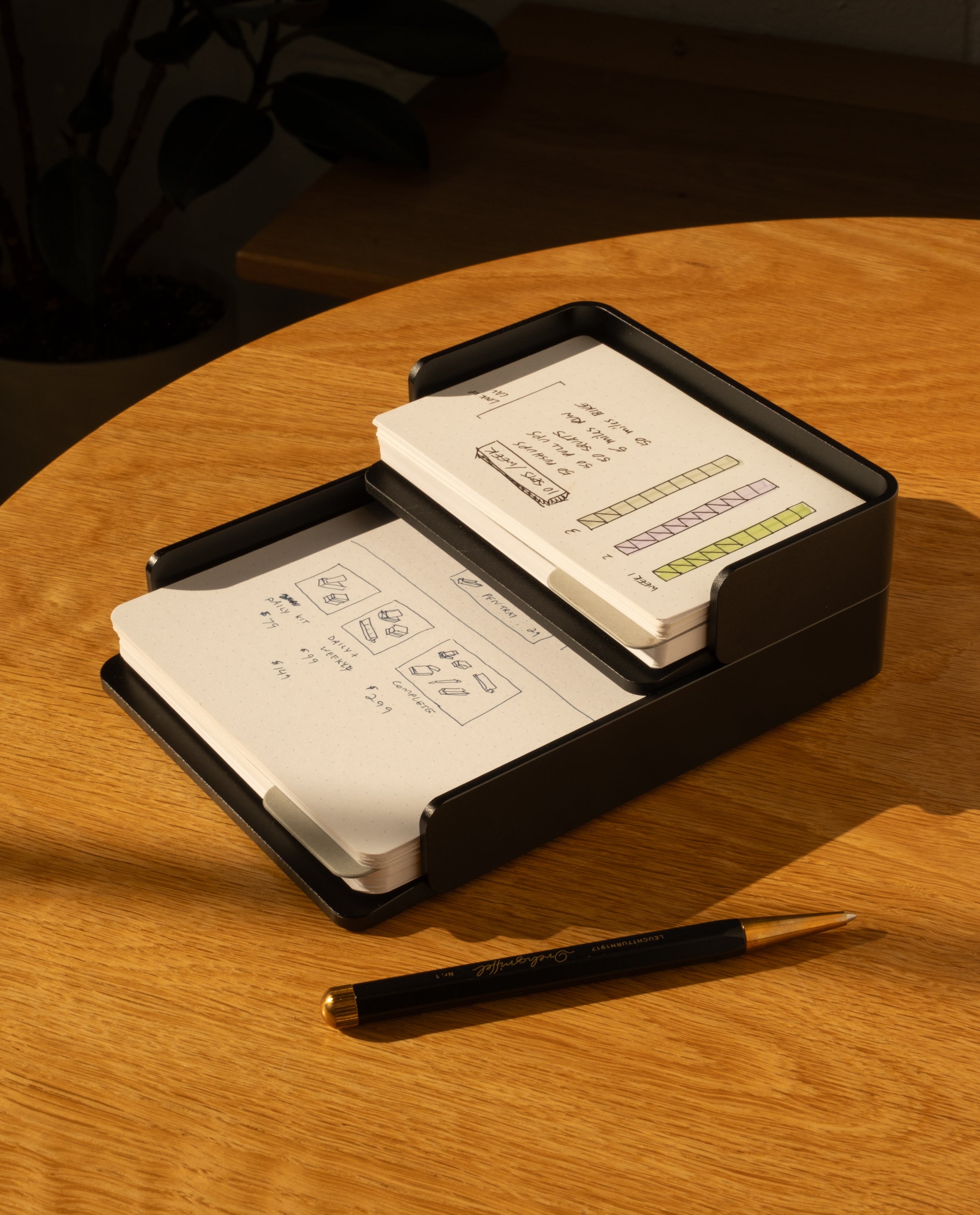 The Complete Analog Collection (Black Aluminum) two-tier card organizer sits on a wooden table holding index cards with diagrams and handwritten notes. Nearby is a black and gold pen, with a blurred plant in the background.