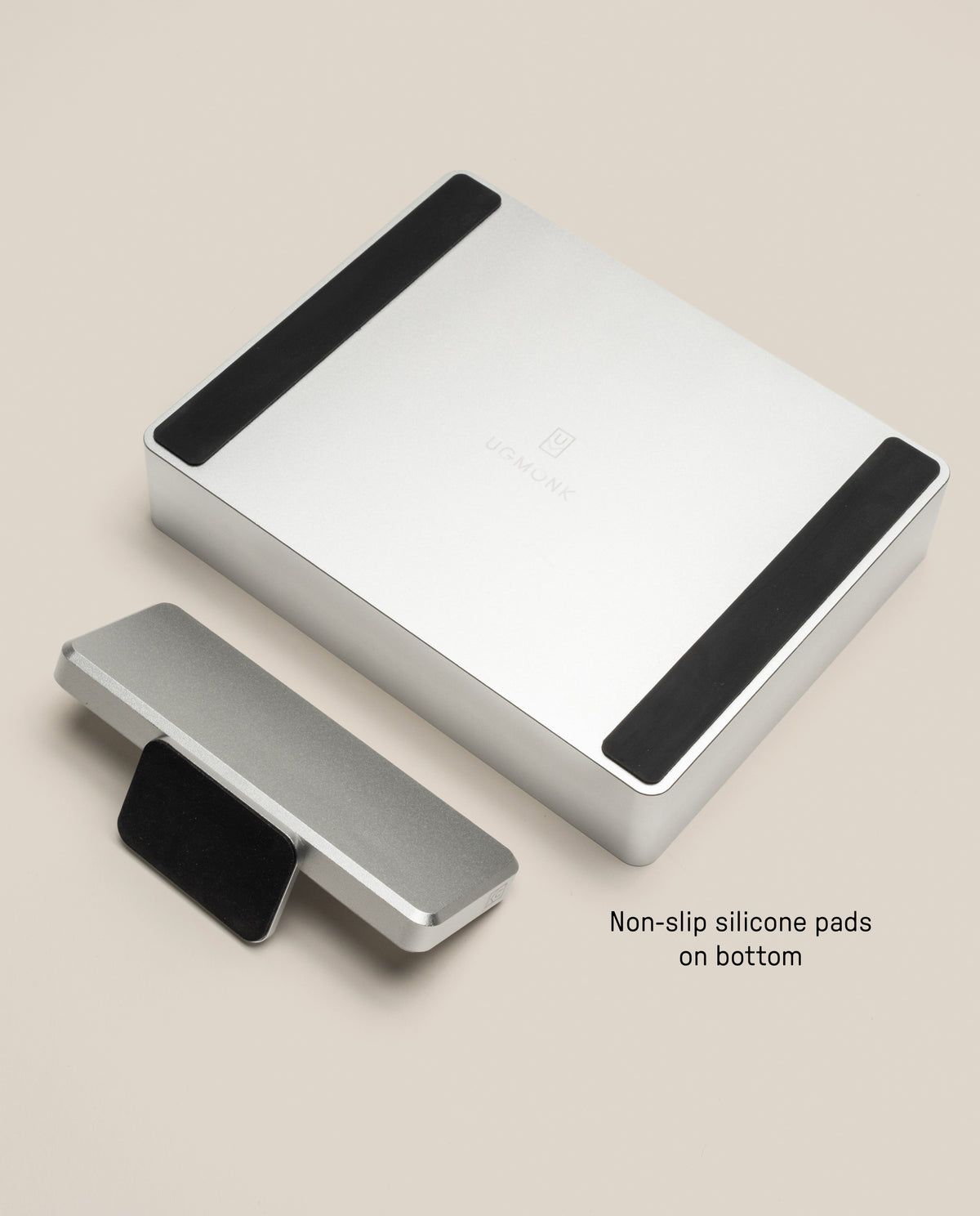 Analog Archive (Silver Aluminum) rectangular storage box and matching lid, serving as an analog card organizer with black non-slip silicone pads on the bottom.