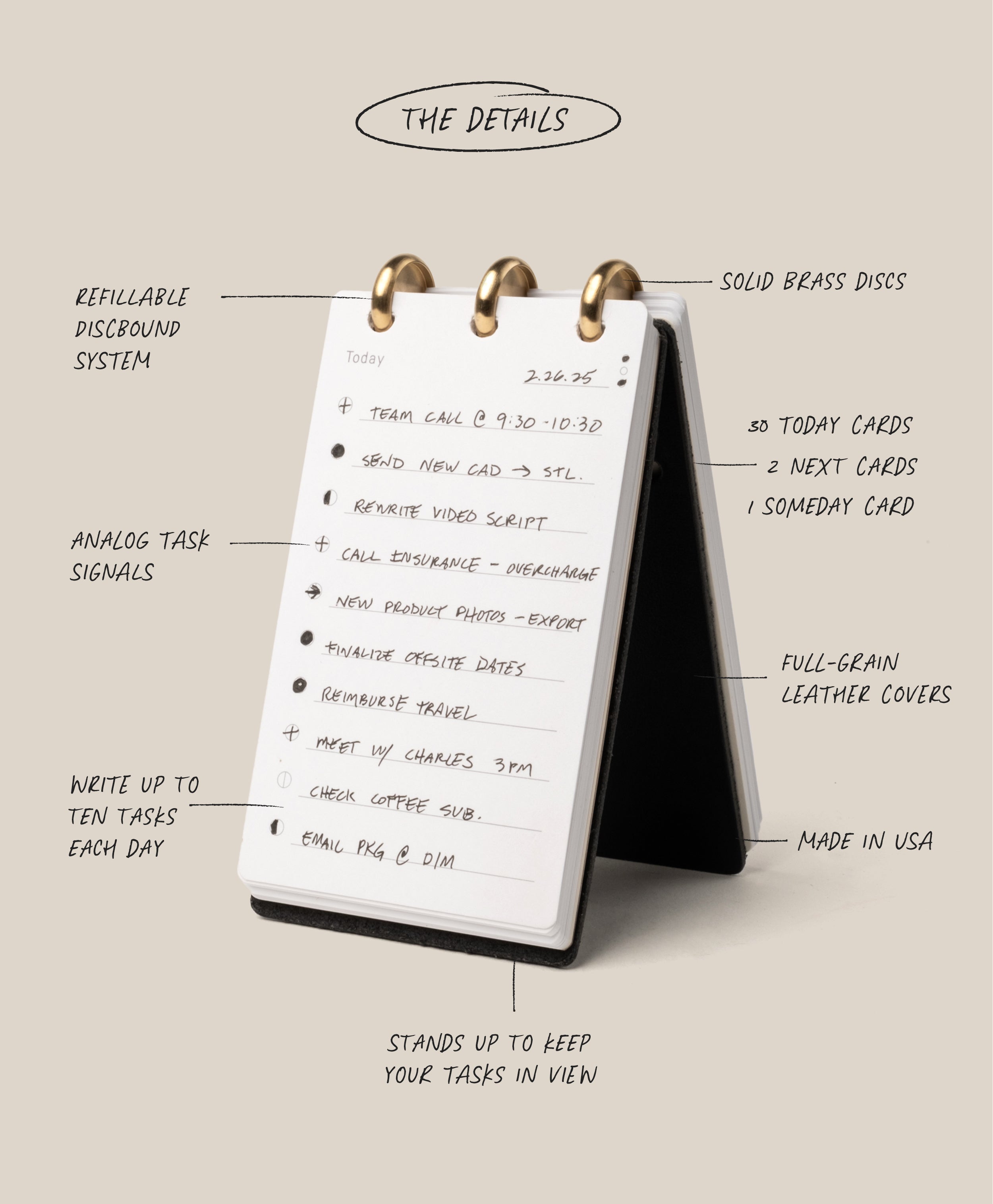 The Leather Discbound Analog (Black) is a compact desktop card organizer with handwritten notes on white cards, brass discs, refillable pages, analog signals, and a stand-up discbound design framed by full-grain leather covers.