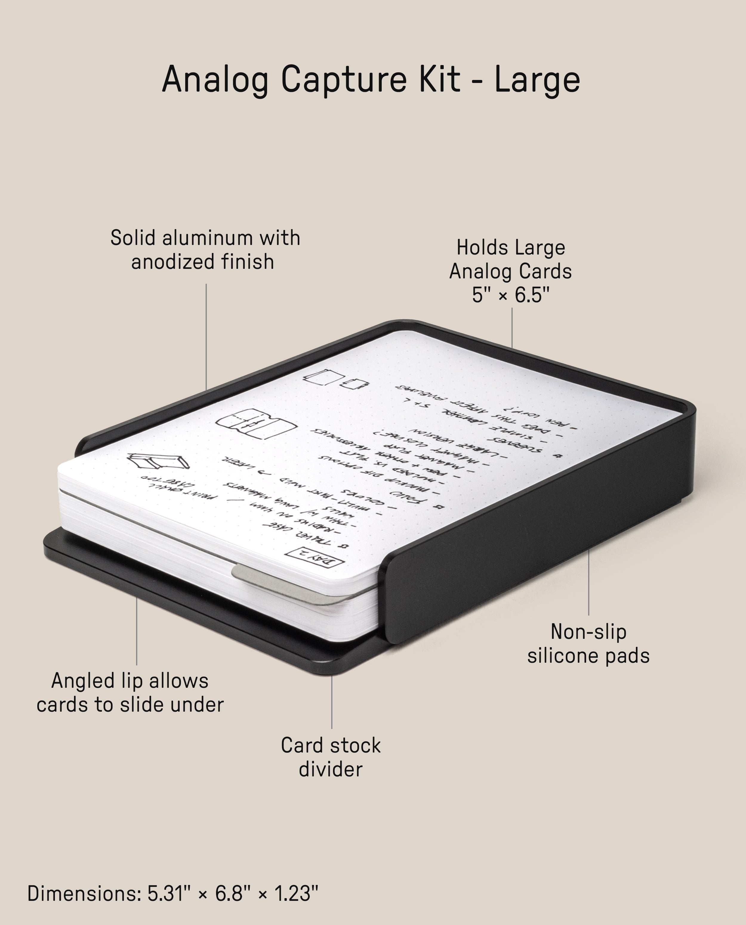 Analog Capture Kit - Large (Black Aluminum) features an anodized aluminum card tray with angled lip for large dot grid cards, non-slip silicone pads, and a card stock divider. Size: 5.31 x 6.8 x 1.23 inches.