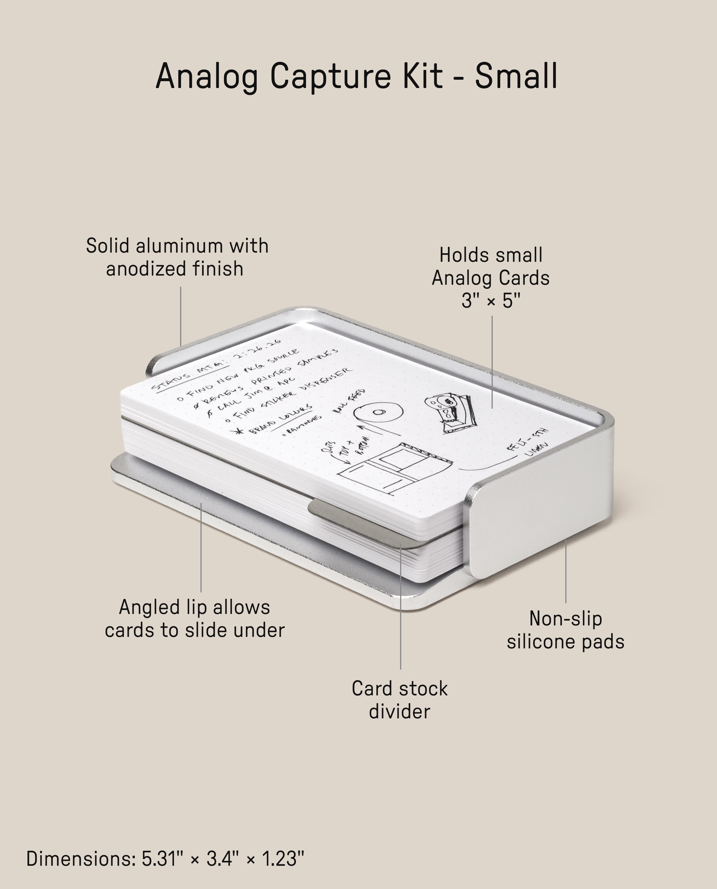The Analog Capture Kit - Small (Silver Aluminum) includes small dot grid cards in a sturdy aluminum tray with an angled lip, non-slip silicone pads, anodized finish, and a card stock divider. Dimensions: 5.31” × 3.4” × 1.23”.