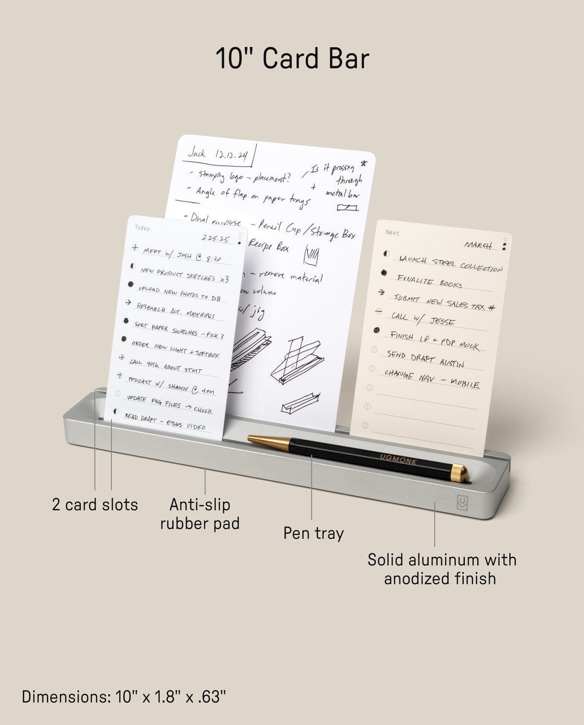 The Warehouse Item - Analog Card Bar (Small 10" - Silver) securely holds up to ten notecards upright. Key features include two card slots, an anti-slip rubber pad, a convenient pen tray (shown with a black pen resting inside), and a sturdy solid aluminum build. Its dimensions are 10" x 1.8" x 0.63". This item is part of our Warehouse Sale Items collection.