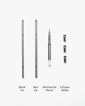 Two Craft Design Technology Multifunctional Pen Refills—one black and one red—accompanied by a 0.5mm mechanical pencil insert and three eraser refills, are neatly arranged on a white background, making them ideal for creative precision and convenient multifunction pen use.