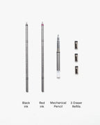 Two Craft Design Technology Multifunctional Pen Refills—one black and one red—accompanied by a 0.5mm mechanical pencil insert and three eraser refills, are neatly arranged on a white background, making them ideal for creative precision and convenient multifunction pen use.