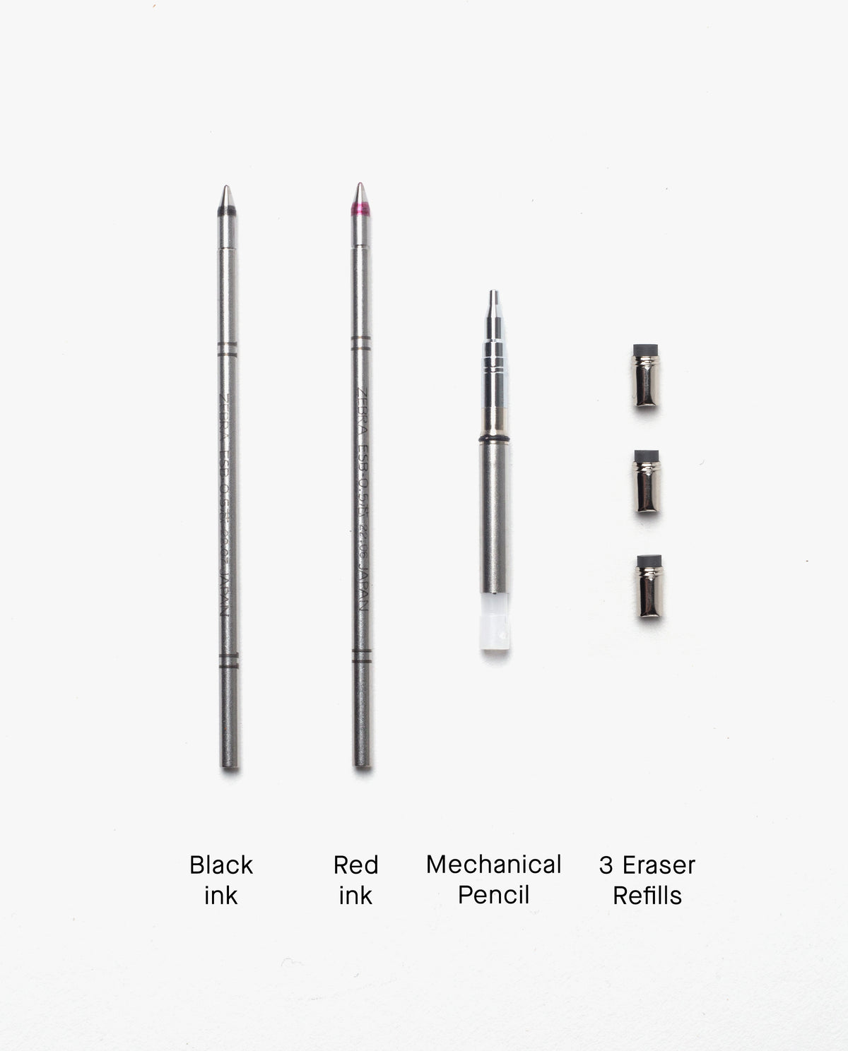 Two Craft Design Technology Multifunctional Pen Refills—one black and one red—accompanied by a 0.5mm mechanical pencil insert and three eraser refills, are neatly arranged on a white background, making them ideal for creative precision and convenient multifunction pen use.