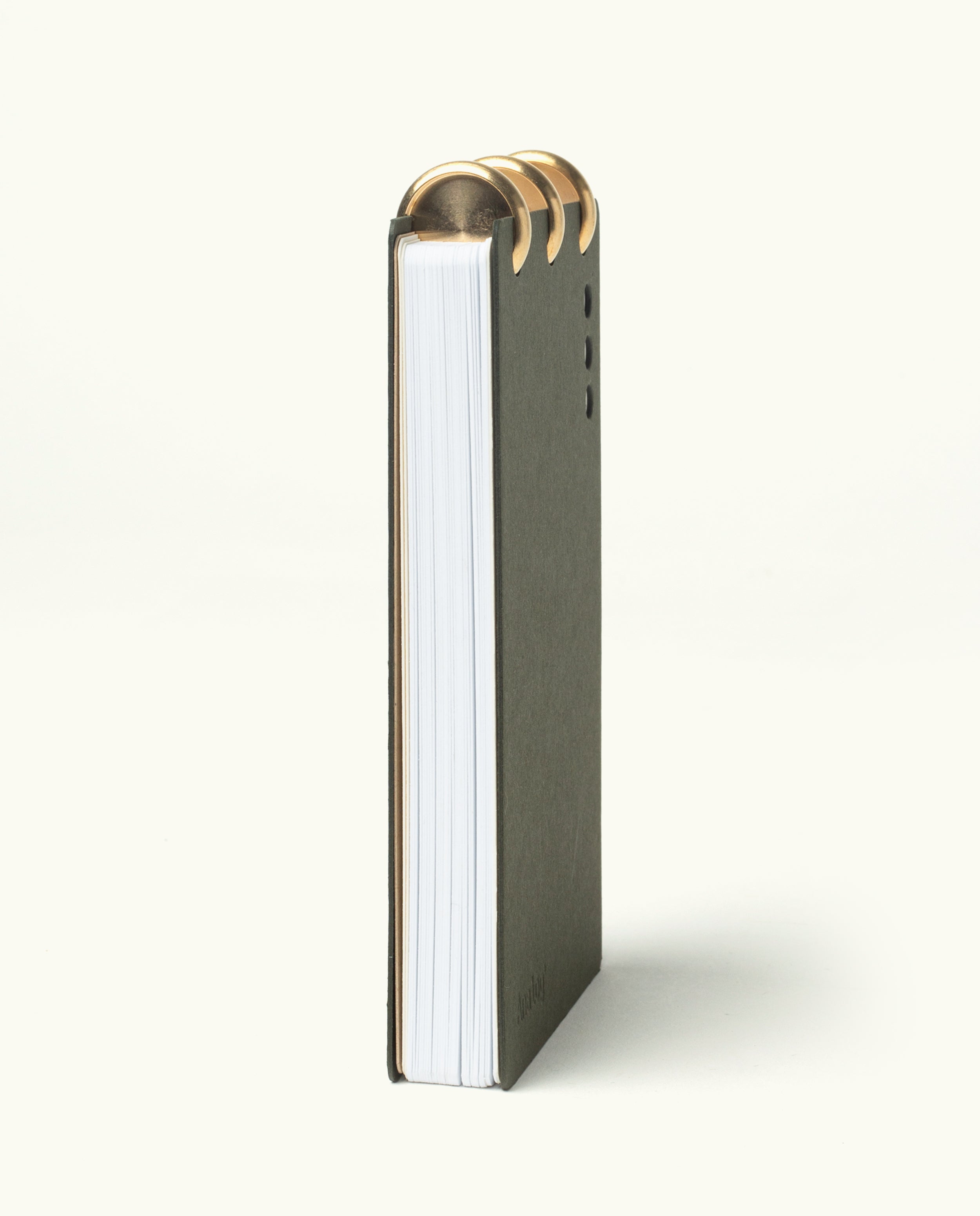 The Discbound Analog + 3 Refills is a vertically standing notebook with a dark cover and thick white pages, bound at the top with three brass disc binding rings, shown on a plain light background.