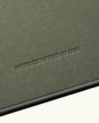 The Discbound Journal Bundle features a textured olive-green cover embossed with "HANDCRAFTED IN USA" in uppercase, ideal for your refillable 6"x8.5" journal and three dot grid paper refills.