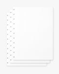 Three stacked sheets of white, 8.5" x 11" dot grid paper from the Discbound Journal Refill (Large 8.5" x 11" - 3 Pack), featuring round holes along the left edge, arranged on a light grey background.