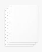 Three stacked sheets of white, 8.5" x 11" dot grid paper from the Discbound Journal Refill (Large 8.5" x 11" - 3 Pack), featuring round holes along the left edge, arranged on a light grey background.