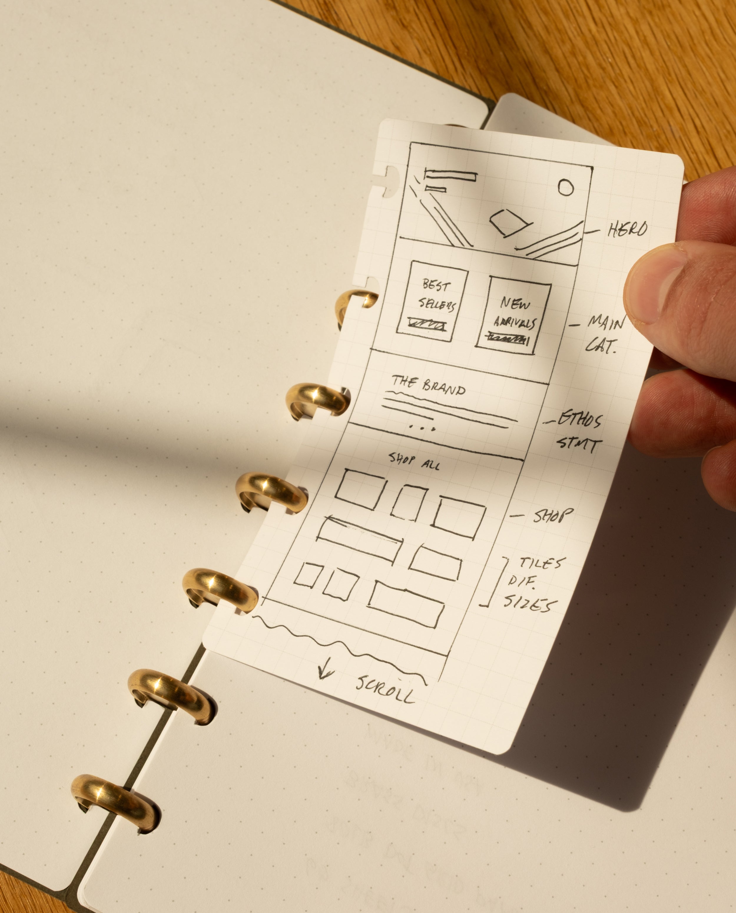 A hand holds a small, narrow sheet of paper with a sketched wireframe of a website layout above an open dotted notebook featuring the Ugmonk Discbound Punch on a wooden surface.