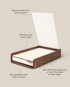 The Analog Daily Focus Kit (Walnut) keeps your Today task card visible, stores extra cards in back, slides completed cards below, and holds Next & Someday Cards on top of the divider for easy access—perfect for your analog productivity system.
