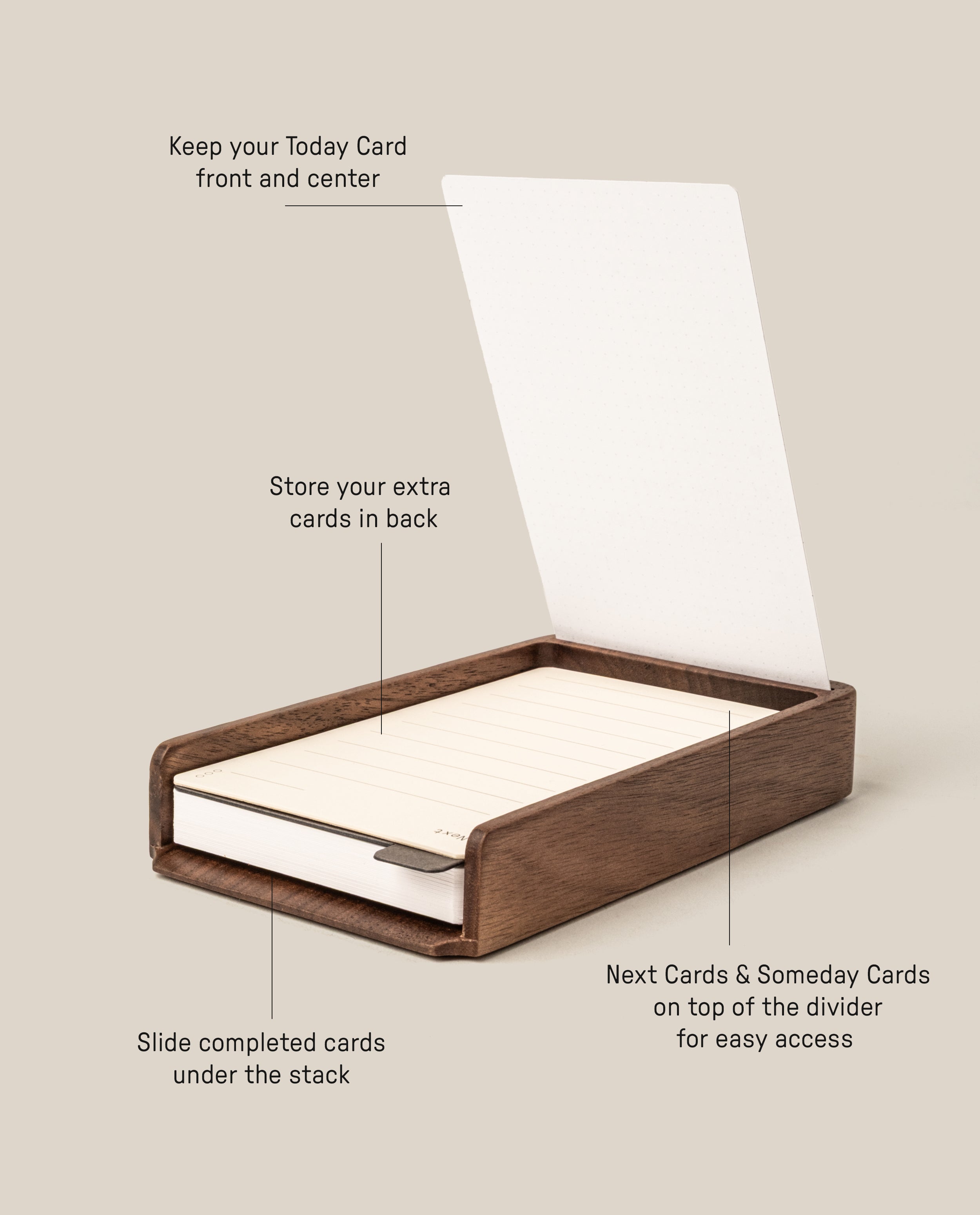 The Analog Daily Focus Kit (Walnut) keeps your Today task card visible, stores extra cards in back, slides completed cards below, and holds Next & Someday Cards on top of the divider for easy access—perfect for your analog productivity system.
