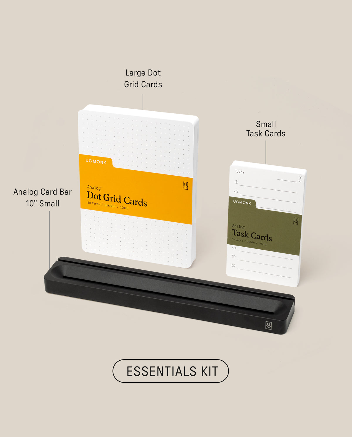 The Analog Card Bar - Essentials Kit (Black Aluminum), featuring large dot grid cards, small task cards, and a 10-slot small black card bar—perfect as a stylish desk organizer—is arranged on a light beige background.