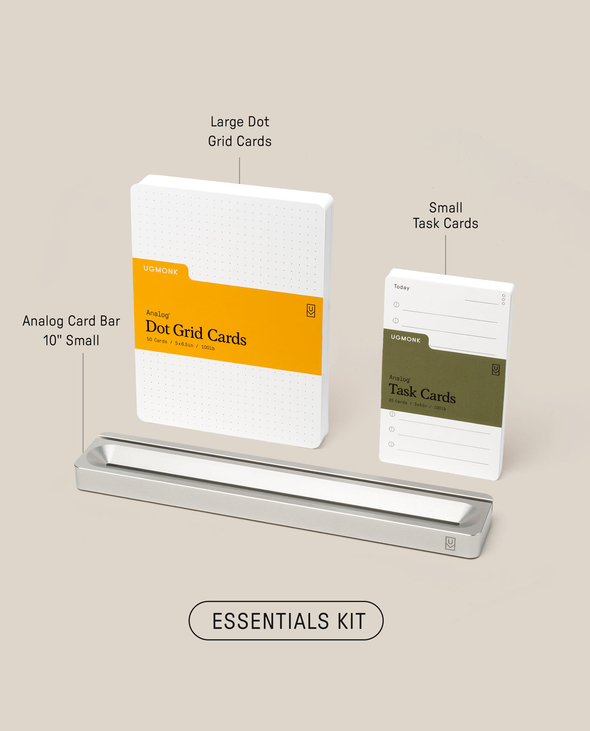 Analog Card Bar - Essentials Kit (Silver Aluminum) featuring large Dot Grid Cards, small Task Cards, and a 10-inch small Silver Aluminum Card Bar, all neatly arranged and labeled on a neutral background.