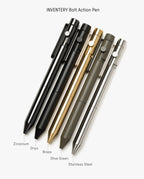 Five INVENTERY Bolt Action Pens are arranged side by side on a white background, each highlighting the brand’s signature bolt action design. The finishes—zirconium, onyx, brass, olive green, and stainless steel—include a standout INVENTERY Bolt Action Pen (Zirconium), with each pen’s color labeled below for easy identification.