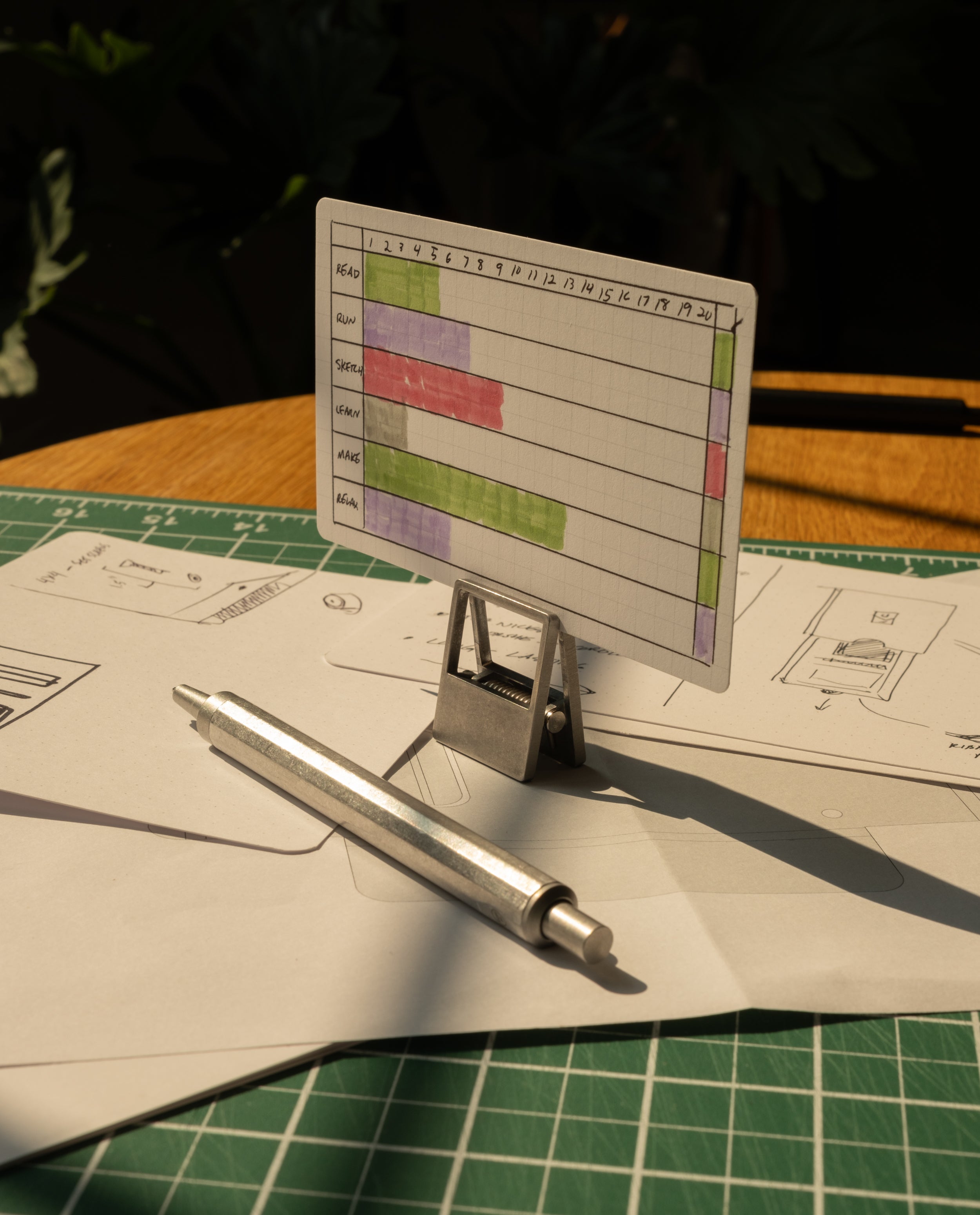 A small Gantt chart card stands on a metal holder, with scattered papers secured by HMM Clips (Set of 2 - Raw) and a silver pen on a green cutting mat, all bathed in warm sunlight.