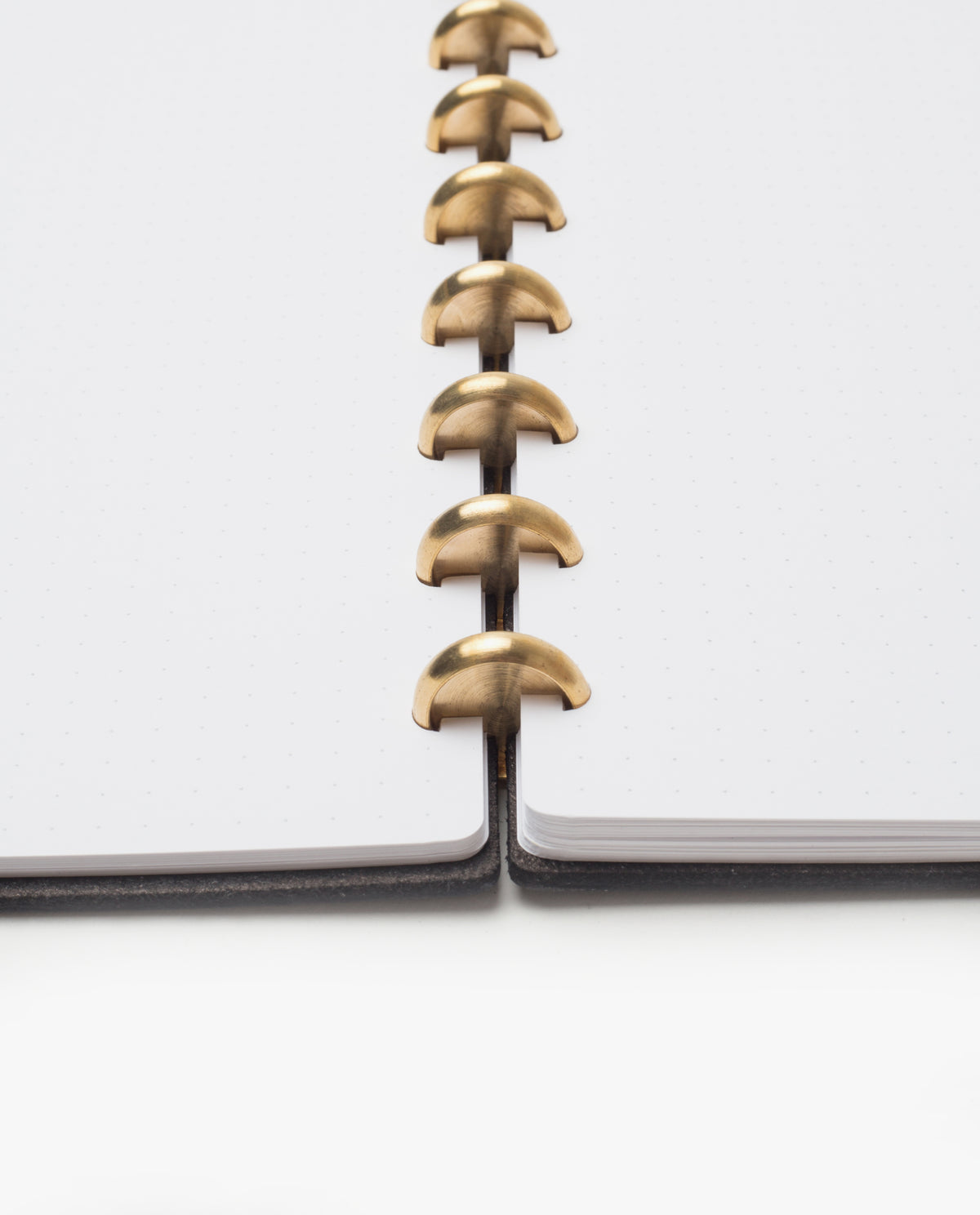 Close-up of the open Warehouse Item - Discbound Heirloom Journal (Black/Brass) with white dotted pages and brass disc binding rings, viewed from the center. Crafted from full grain leather, the journal lies flat on a white surface.