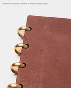 Close-up of a Warehouse Item - Discbound Heirloom Journal (Brown/Brass) featuring a brown full grain leather cover with brass rings. Minor surface blemishes and natural irregularities in the leather grain are visible. This refillable discbound journal is shown as an example of cosmetic blemish or irregular leather grain, offering a unique option for our warehouse sale. Text at the top reads, Example of cosmetic blemish or irregular leather grain.