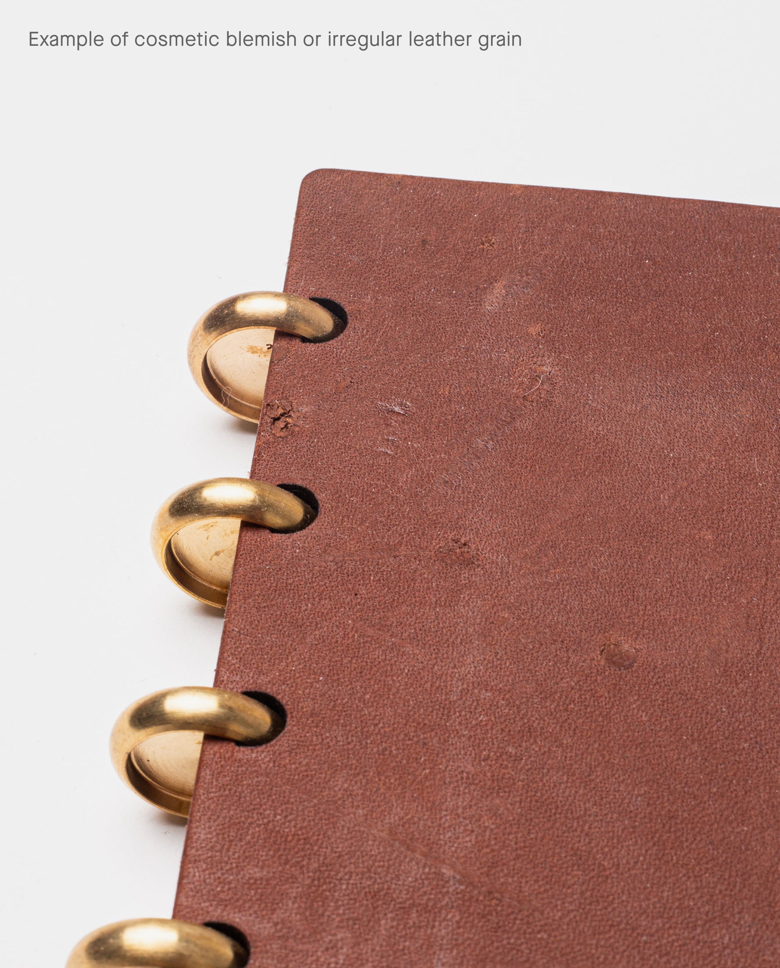 Close-up of a Warehouse Item - Discbound Heirloom Journal (Brown/Brass) featuring a brown full grain leather cover with brass rings. Minor surface blemishes and natural irregularities in the leather grain are visible. This refillable discbound journal is shown as an example of cosmetic blemish or irregular leather grain, offering a unique option for our warehouse sale. Text at the top reads, Example of cosmetic blemish or irregular leather grain.
