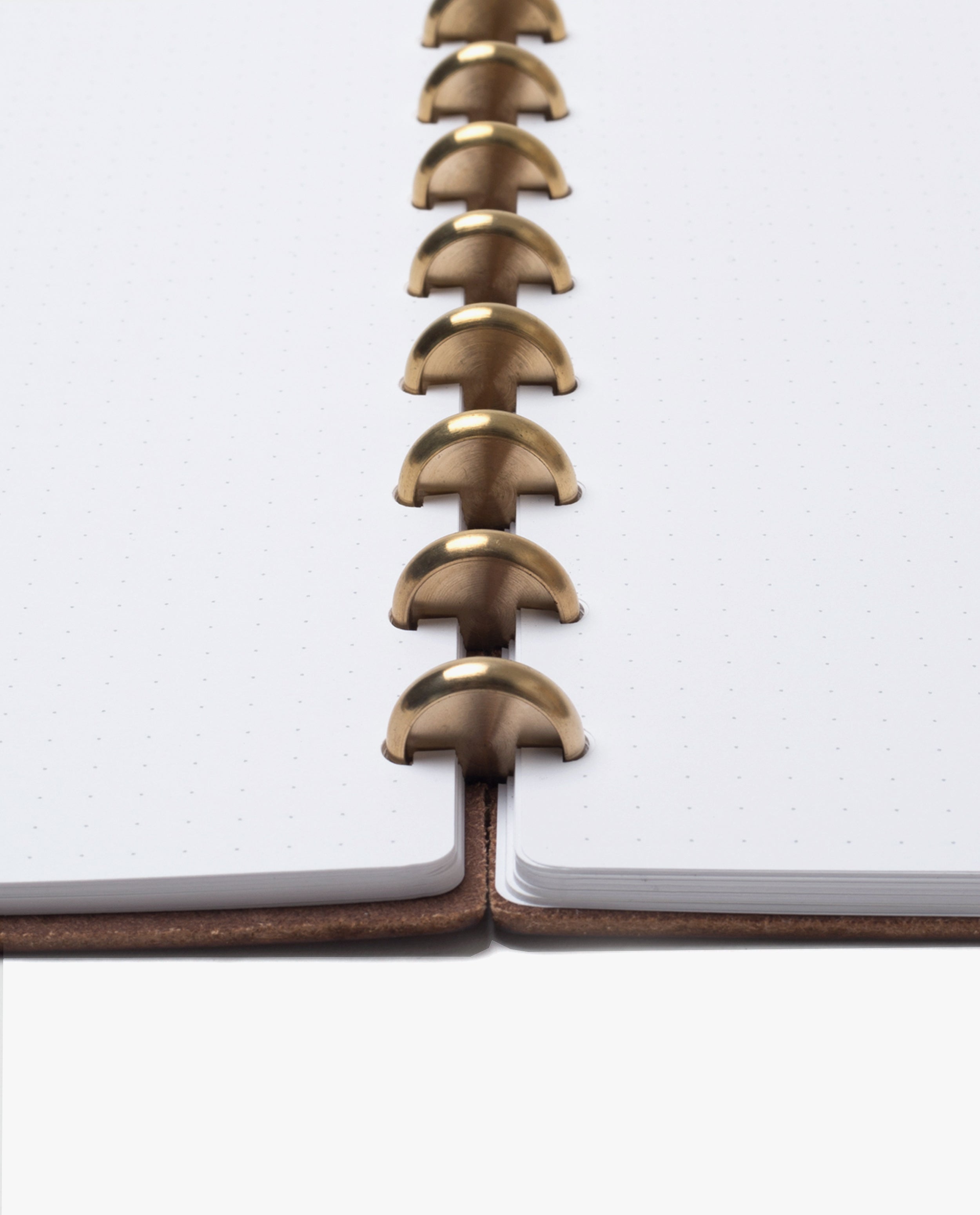 Close-up of the Warehouse Item - Discbound Heirloom Journal (Brown/Brass), open to display its refillable dotted pages and brass disc binding rings, viewed from above at the spine.