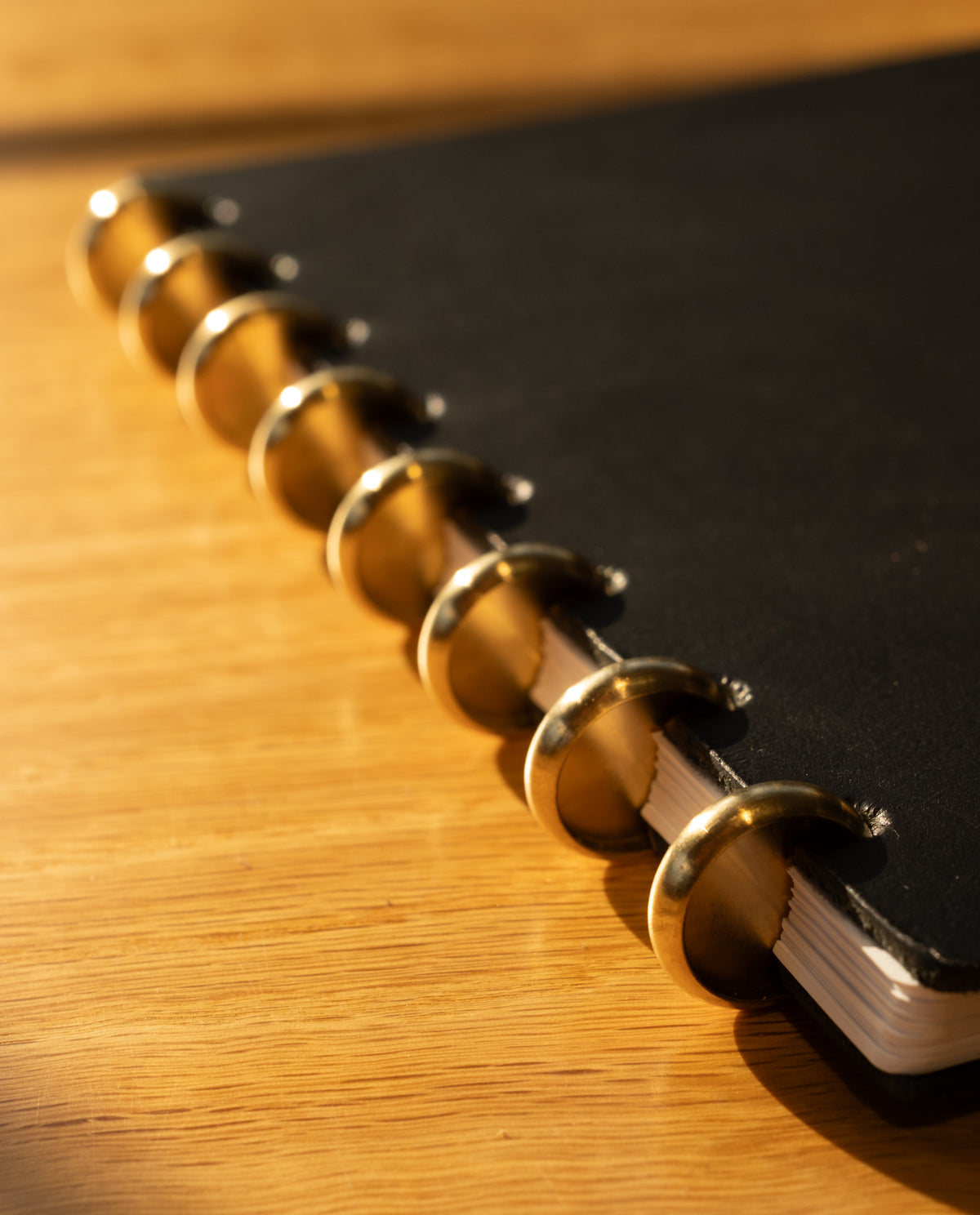 A close-up of the Discbound Heirloom Journal (Black Leather - Standard 6" x 8.5") with gold disc binding rings, resting on a wooden surface in warm sunlight, highlighting the edge and elegant, refillable rings.