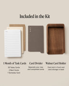 The Analog Daily Focus Kit (Walnut) includes white and brown task cards for 1 month, a gray card divider, and a walnut holder with front slot and back storage.
