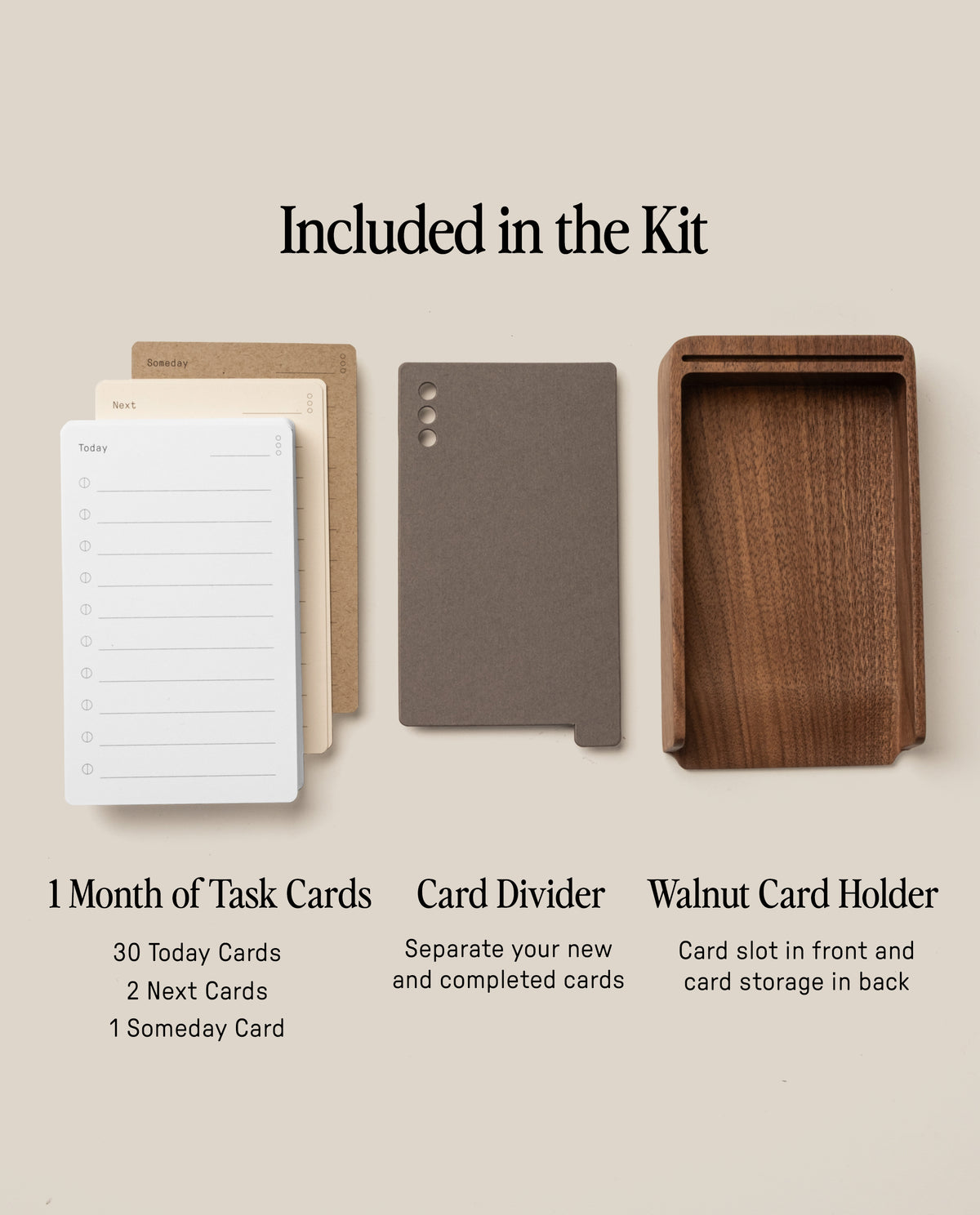 The Analog Daily Focus Kit (Walnut) includes white and brown task cards for 1 month, a gray card divider, and a walnut holder with front slot and back storage.