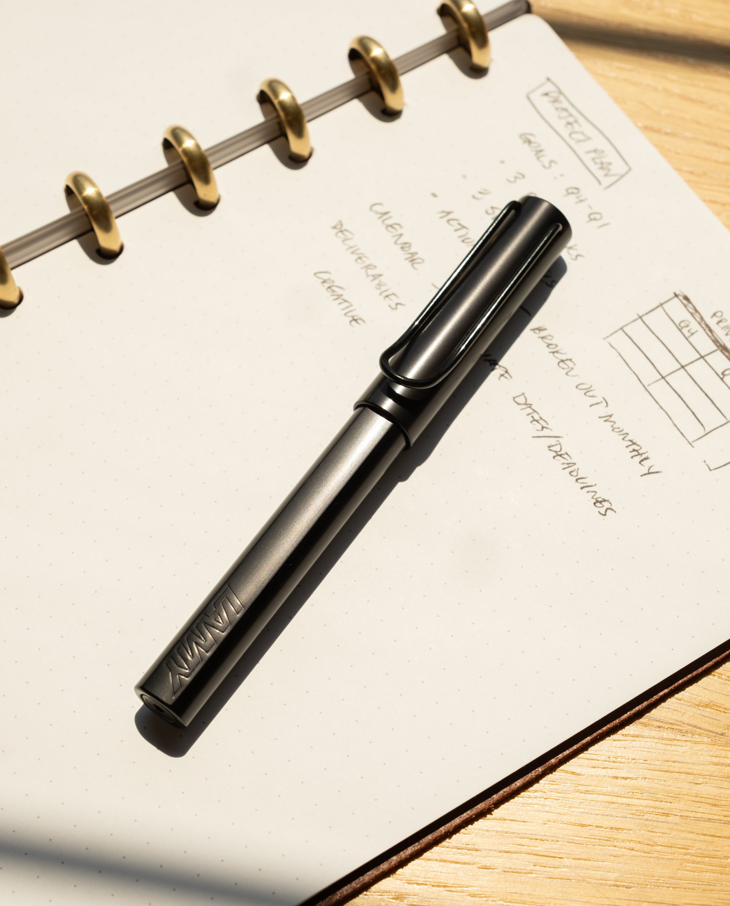 A LAMY AL-star Rollerball (Black) rests on an open dotted notebook filled with handwritten notes and a diagram, set atop a light wooden surface. Sunlight casts shadows, emphasizing the pen's smooth writing experience.