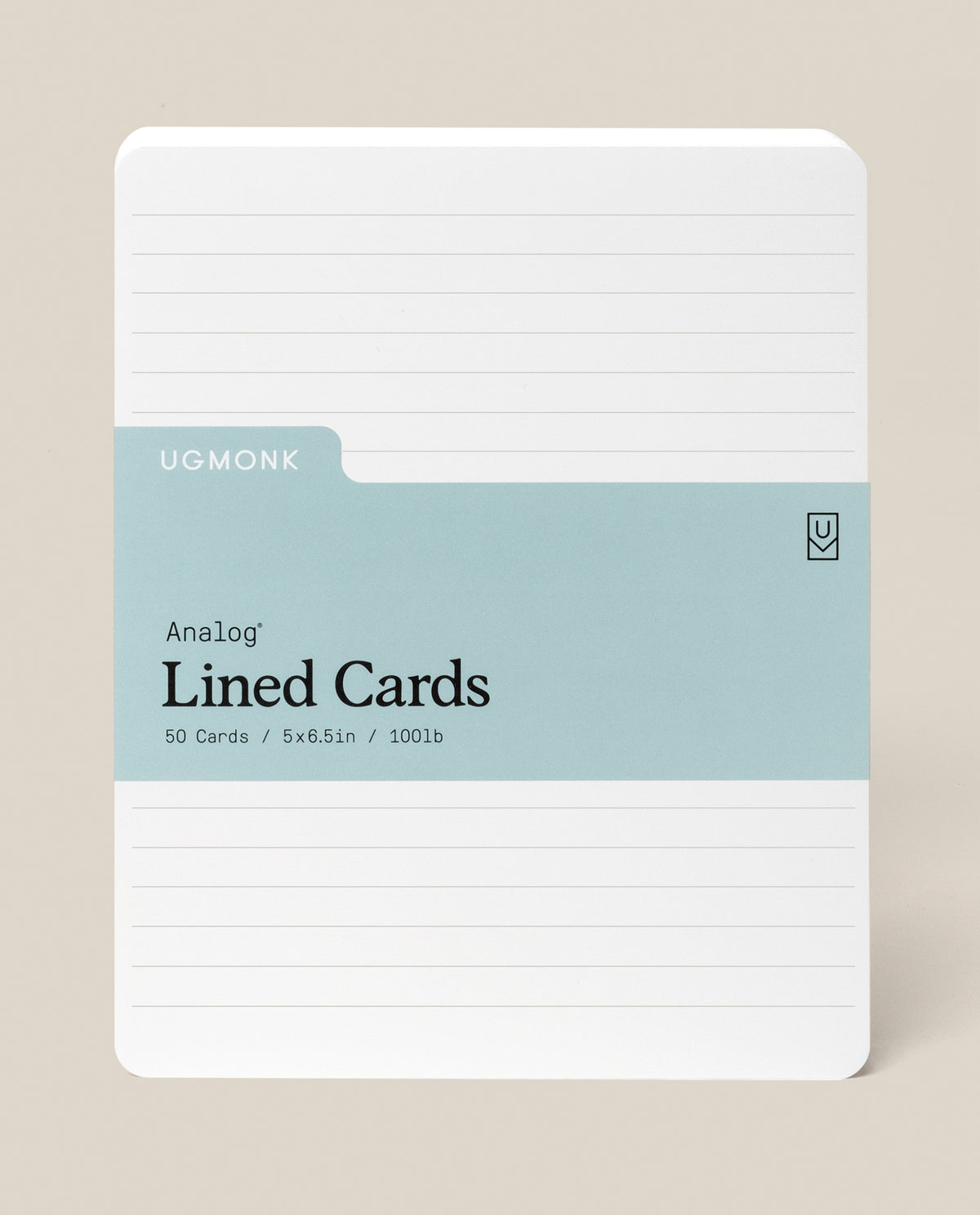 A pack of Analog Lined Cards - Large features a light blue label with details: 50 cards, 5 x 6.5 inches, uncoated cardstock, rounded corners, and horizontal lines—ideal for sketching and note-taking.