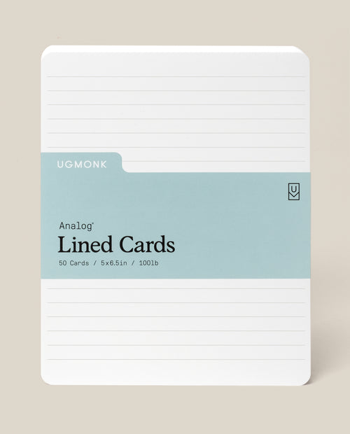 A pack of Analog Lined Cards - Large features a light blue label with details: 50 cards, 5 x 6.5 inches, uncoated cardstock, rounded corners, and horizontal lines—ideal for sketching and note-taking.