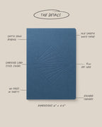 A Layflat Notebook Bundle (Series 2 - Set of 3) with blue dot grid cover, embossed geometric design, Smyth sewn binding, 160 smooth white pages, layflat style, rounded corners, and 6x8.5" size is centered on beige.