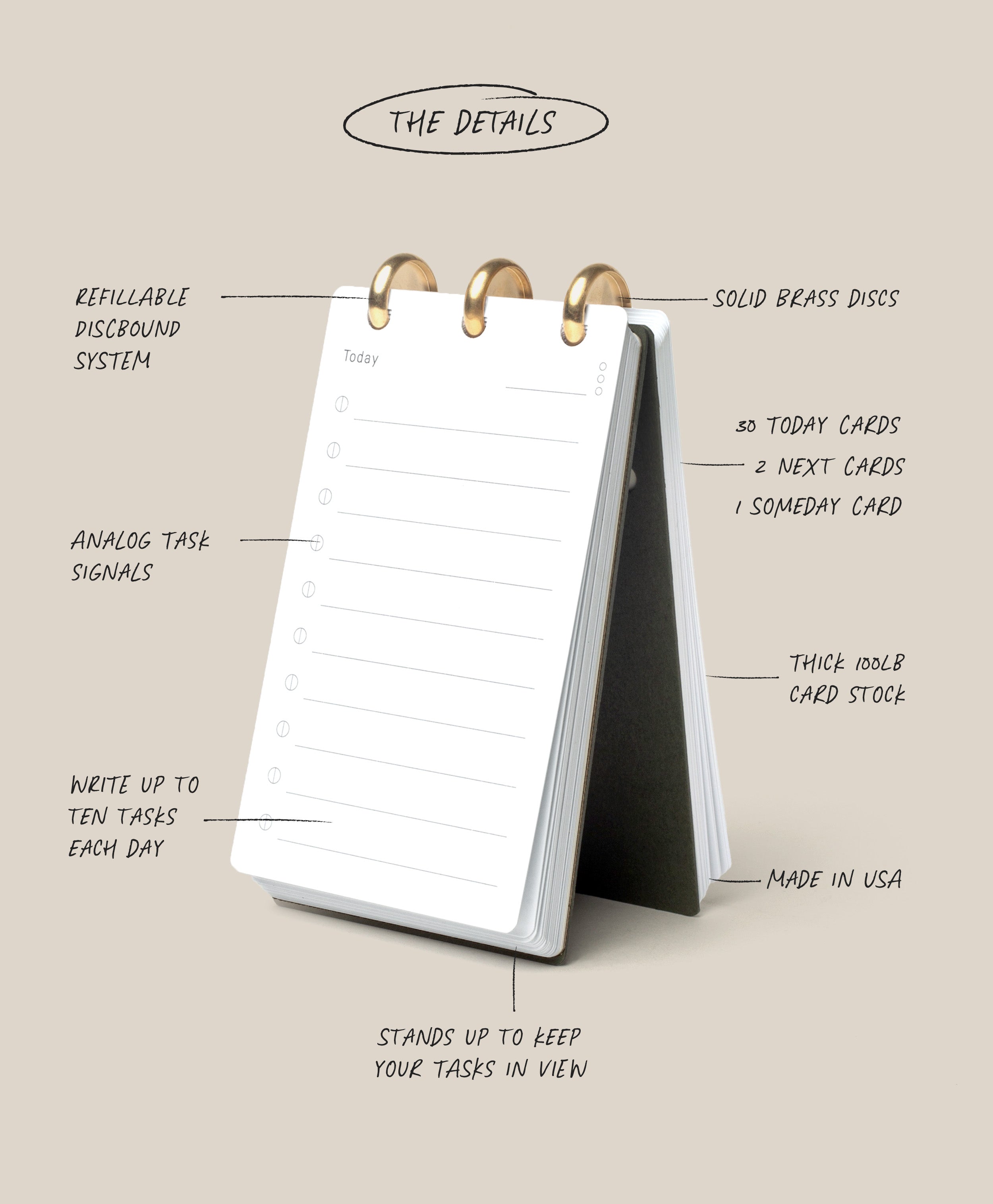 The Discbound Analog is a tabletop flip planner with brass rings, featuring daily task cards with lines and checkboxes, thick card stock, a refillable organizer system, analog productivity focus, and a sturdy stand.