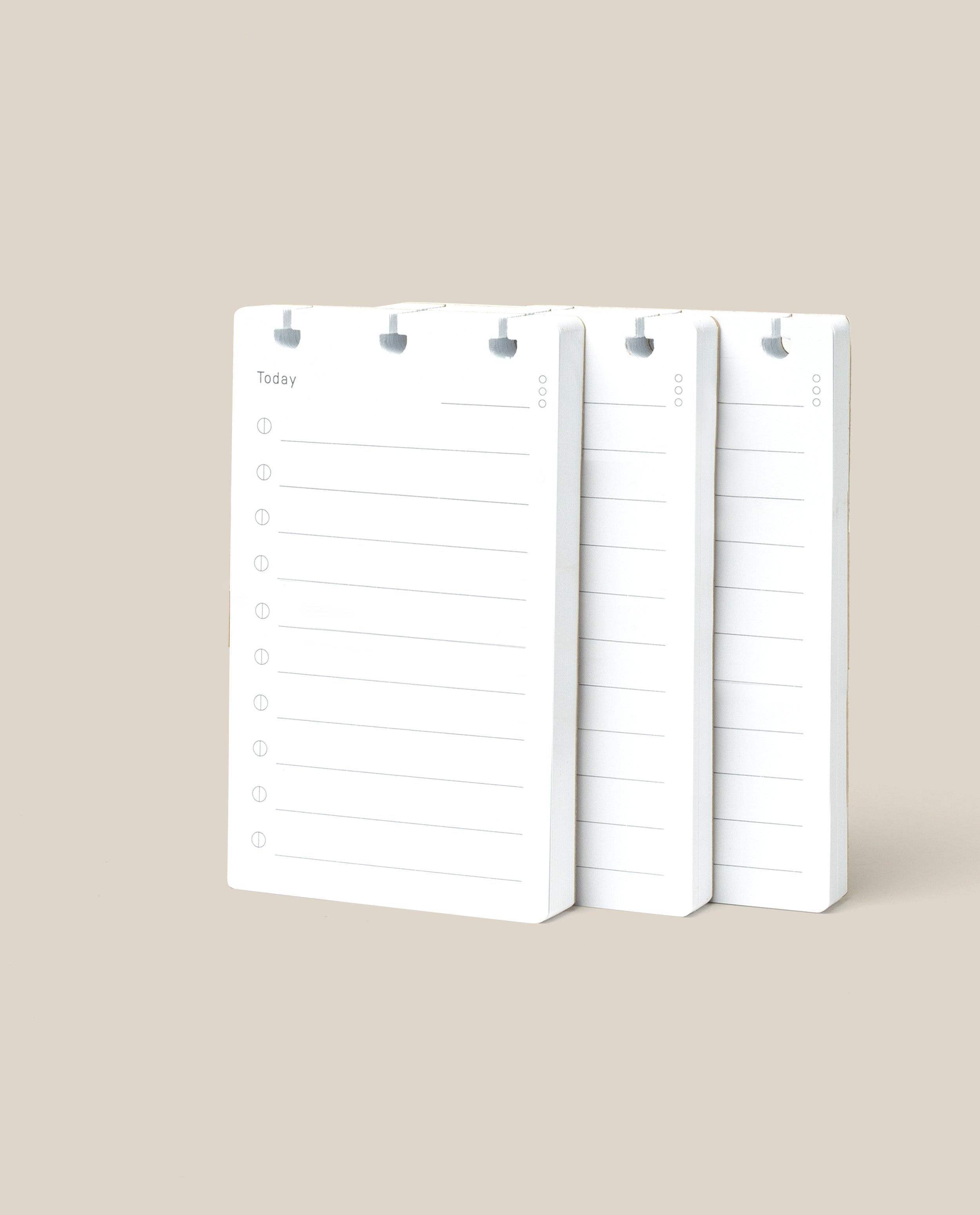 Three white Discbound Analog Refill notepads (3-pack), each with "Today" and a numbered to-do list with checkboxes and lines, stand upright on a beige background. Ideal for refilling your Discbound Analog system or using as Analog Cards.