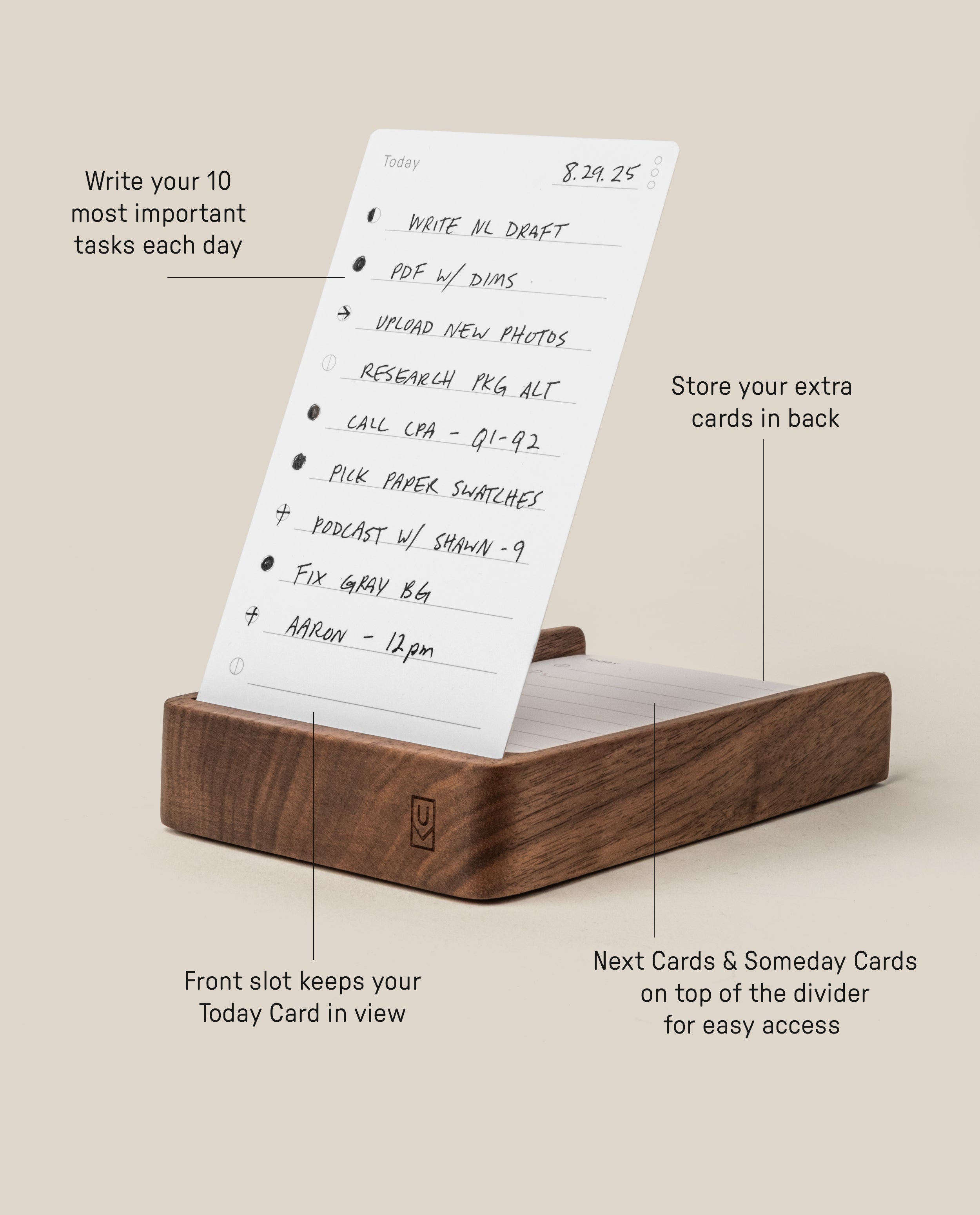 The Analog Daily Focus Kit + 3 Refills (Walnut) is a wood card holder with spots for Today, Next & Someday Cards, extra storage, and a front slot that displays your handwritten Today task card upright.