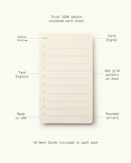 Analog – Next Cards: 3x5 inch, cream-colored index cards with rounded corners feature a lined front and dot grid back—ideal for analog card users and goal tracking. Labels emphasize card signal, task signals, card stock quality, and USA-made origin. Each pack includes 50 dot grid Next Cards.