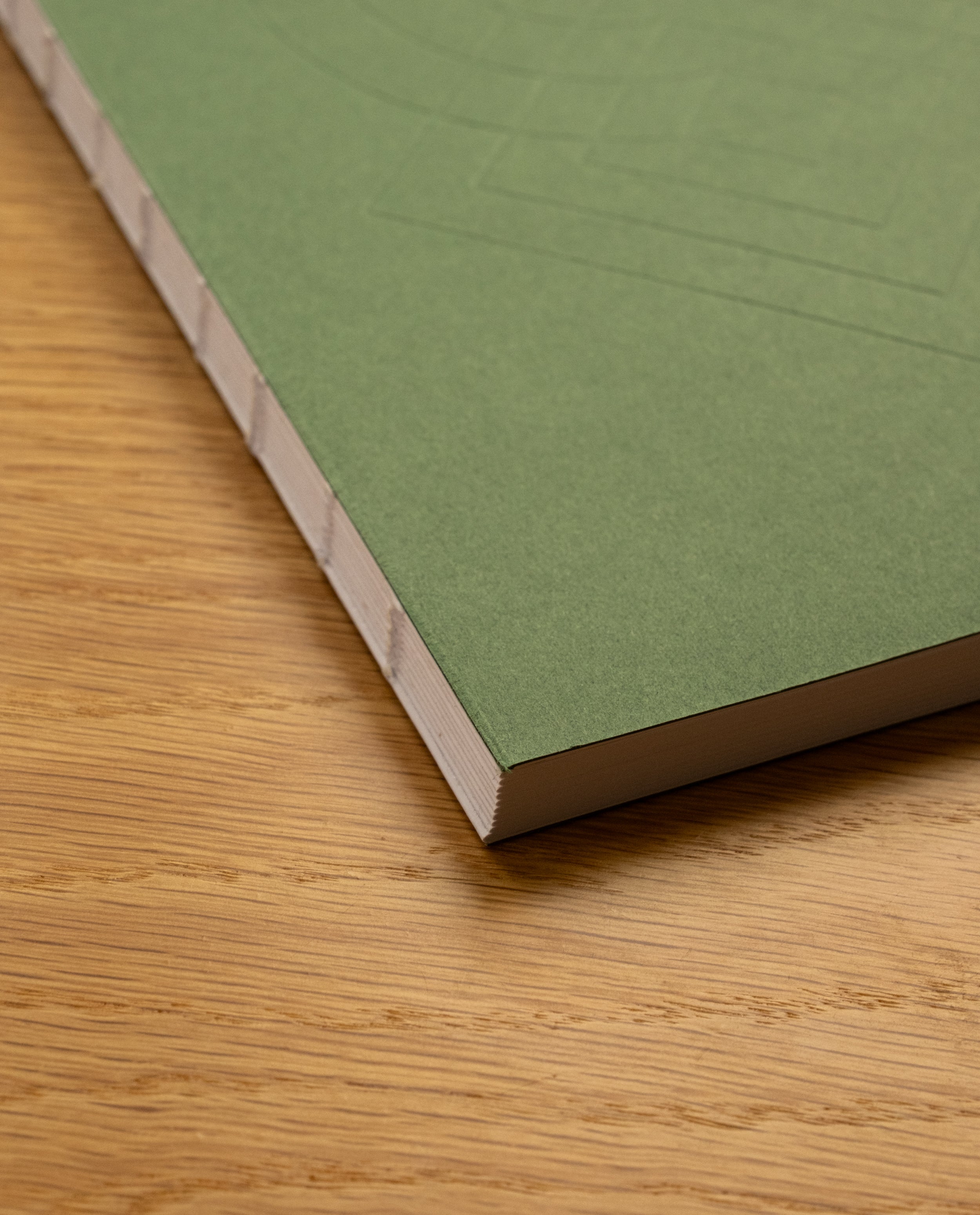 A close-up of the Layflat Notebook (Green) featuring an exposed spine binding and subtle embossed lines on its plain cover, resting on a light wooden surface.